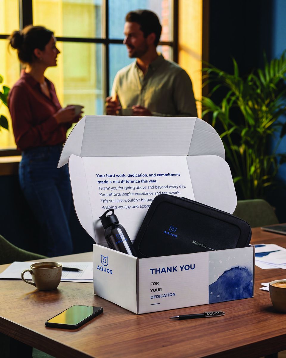 Geschenkset Winter Working: Geschenkbox mit Wasserflasche, Laptoptasche und Stift auf einem Schreibtisch im Büro