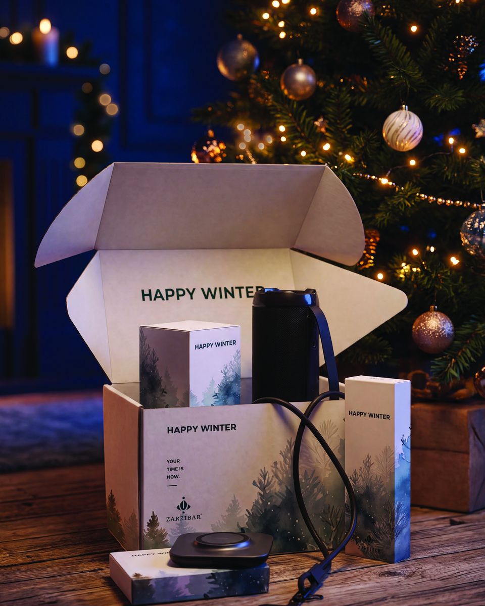 Geschenkset Tech under the tree: Geschenkbox mit Ladekabel, Lautsprecher und Wireless-Ladepad vor dem Weihnachtsbaum