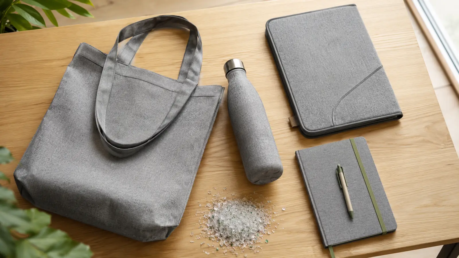 Kit gadget in RPET per corsi di formazione: borsa, borraccia, cartellina e taccuino in tessuto riciclato grigio su tavolo di legno