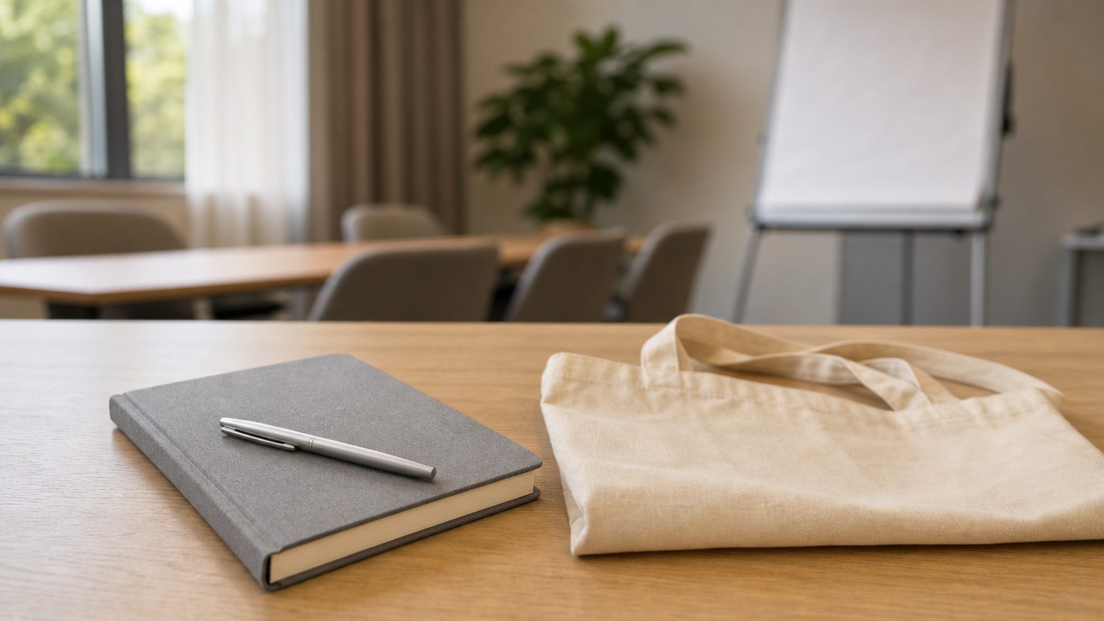 Kit per corso di formazione con pochi gadget di qualità: taccuino, penna e borsa in tessuto su un tavolo d'aula