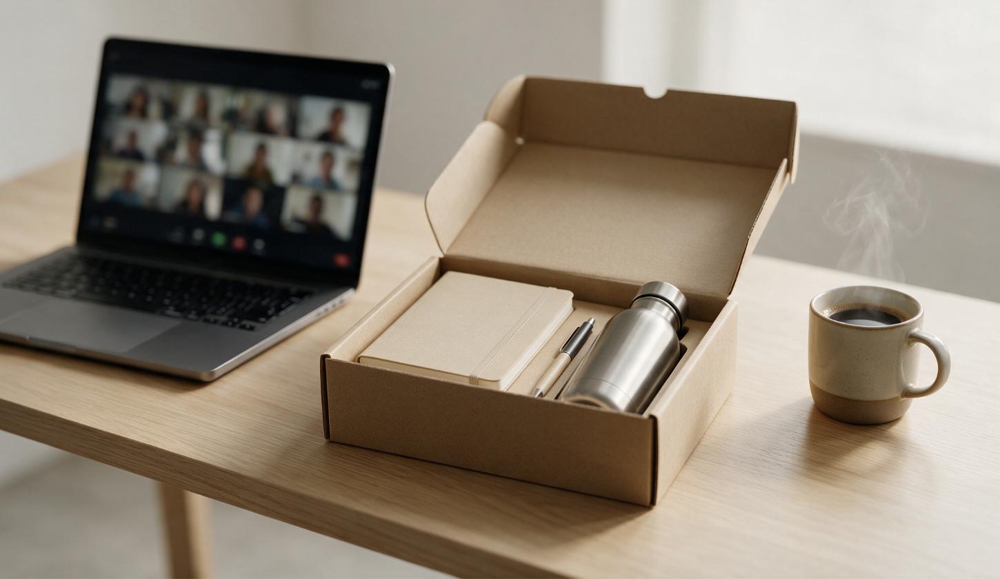 Kit per un corso di formazione online: scatola con blocco note, penna e borraccia accanto a un laptop con videochiamata